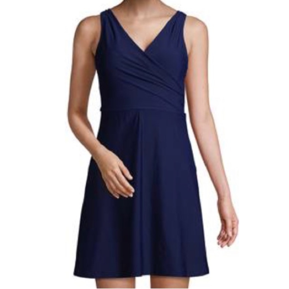 NWT Lands End Womens Navy Cross Front Surplice Swim Dress SIZE 10